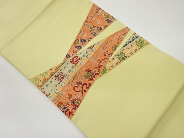 JAPANESE KIMONO / NAGOYA OBI / SILK / SHIOZE / KINSAI / ABSTRACT STRIPE & FLORAL ARABESQUE